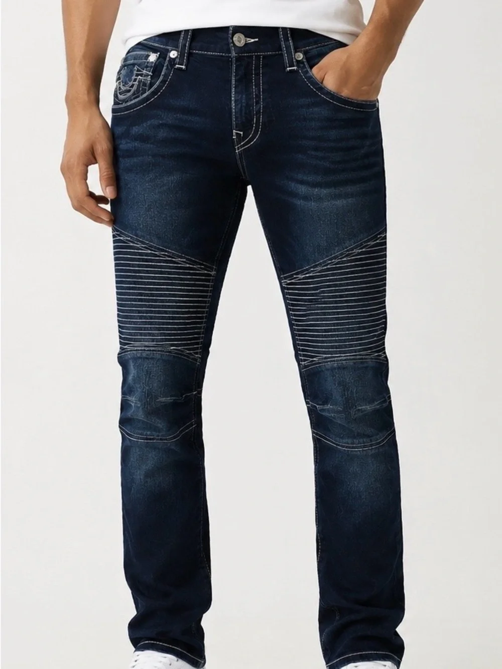 True Religion Men's Dark Indigo Moto Slim Straight Jeans